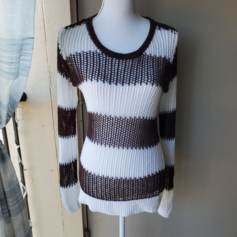 Tommy Bahama Sweater Cover Up Womens Small White Brown Striped Open Knit Linen